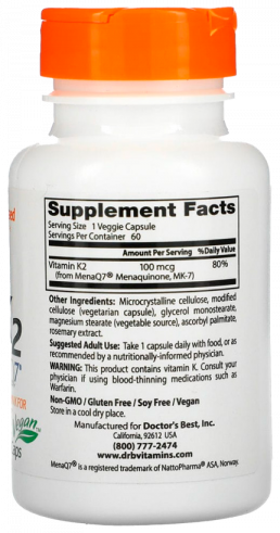 Doctor's Best Natural Vitamin K2 MK-7 with MenaQ7, 60 капсул